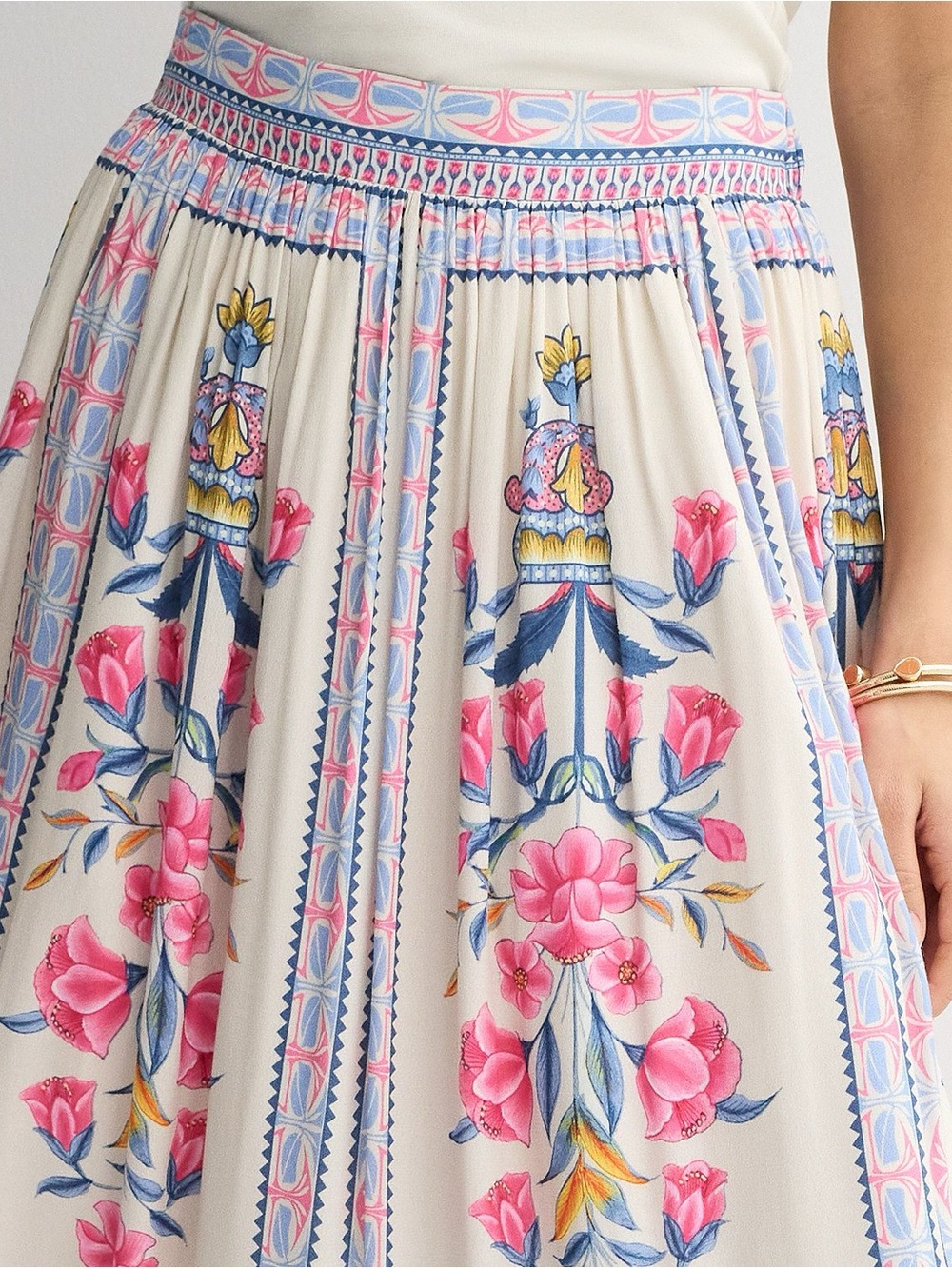 NWT Farmers Market Boho Floral Smocked Maxi Skirt Medium Pink Ivory Floral Print - Picture 5 of 10